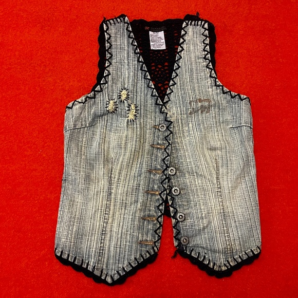 Vintage Parasuco boho distressed denim and crochet vest GUC - Picture 3 of 11